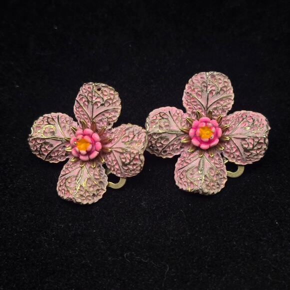 Arthur Pepper Pink Enamel Flower Earrings Clip On Vintage Floral - Picture 8 of 8